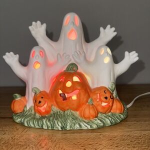 Vintage Light Up Halloween Ceramic Scene Ghosts Pumpkins Jack O Lanterns